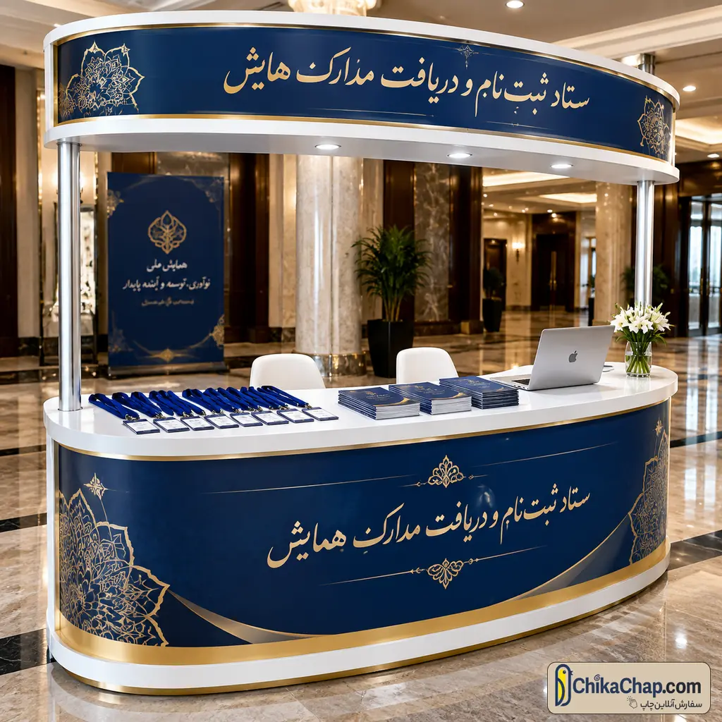 میز پذیرش پرتابل تاجدار همایش و کنفرانس با چاپ باکیفیت و قفسه پشتی نگهداری مدارک